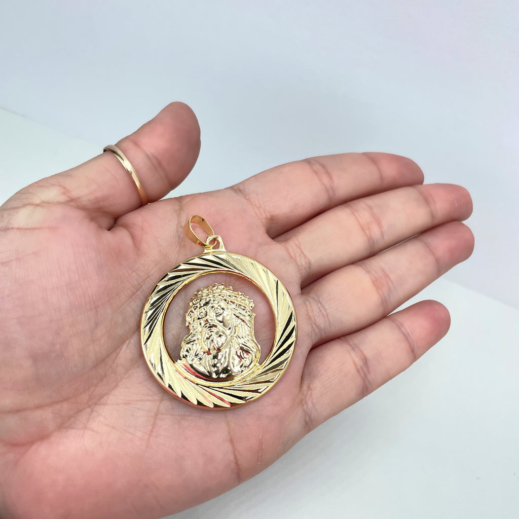 18k Gold Filled Textured & Cutout Medal Jesus Christ Face Pendant, Religious Medallion