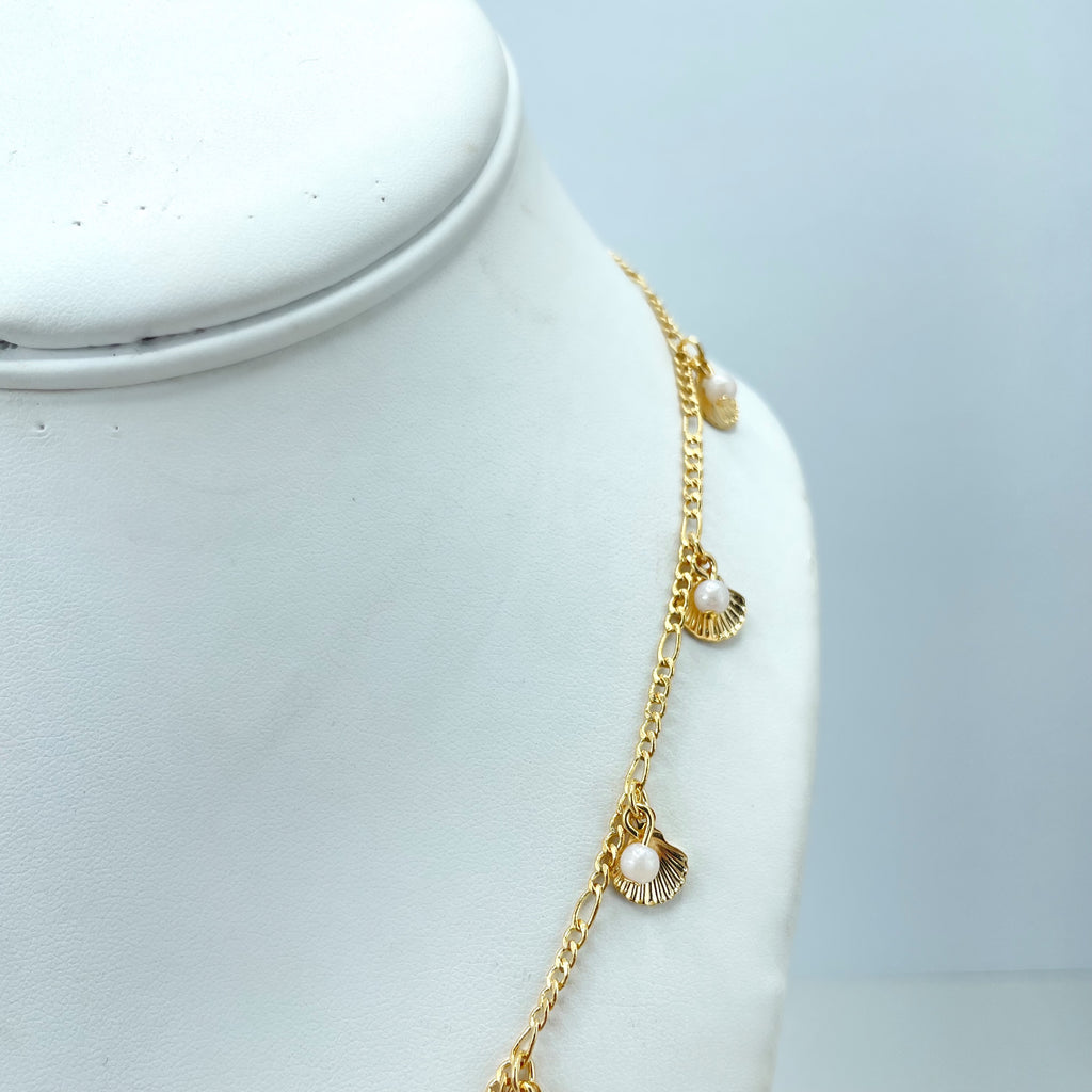 18k Gold Filled 2mm Figaro Chain,with Shells and Simulated Pearls Charms Necklace