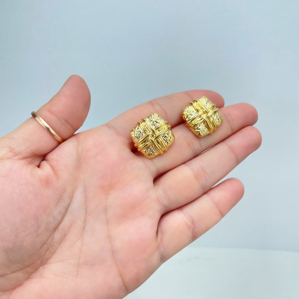 18k Gold Filled Square Textured Stud Earrings with Braided Detail, Push Back Closure