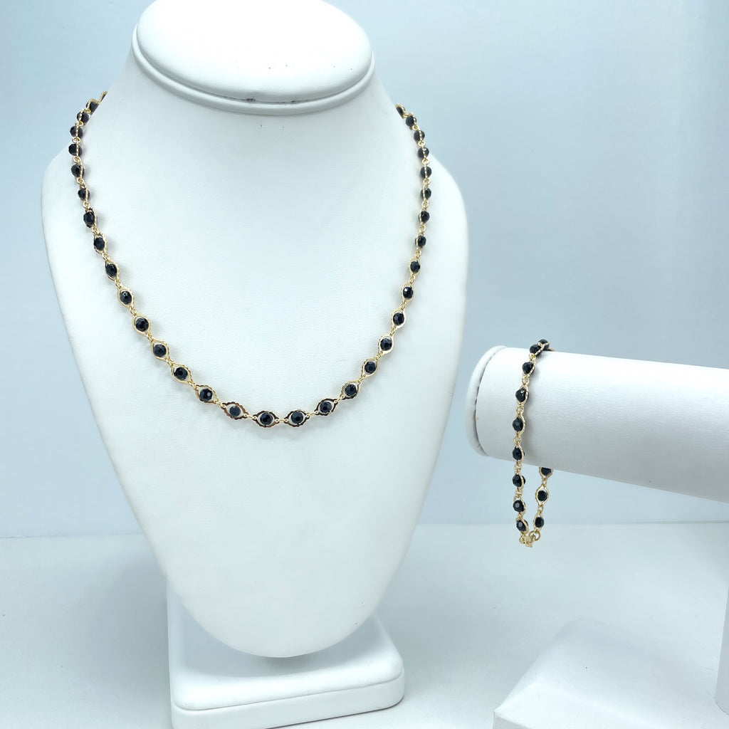 18k Gold Filled Black Bead Crystal Linked 18" Chain or 7" Bracelet Set, Black Beaded Chain