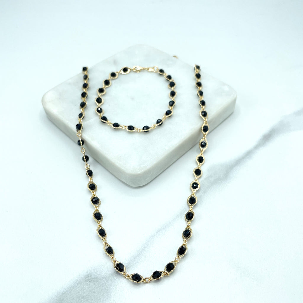 18k Gold Filled Black Bead Crystal Linked 18" Chain or 7" Bracelet Set, Black Beaded Chain