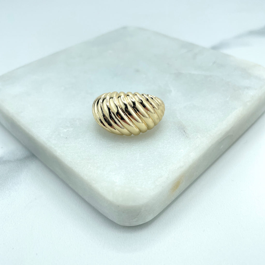 18k Gold Filled Line Patterned Dome Ring, Croissant Dome Ring, Vintage Dome Ring