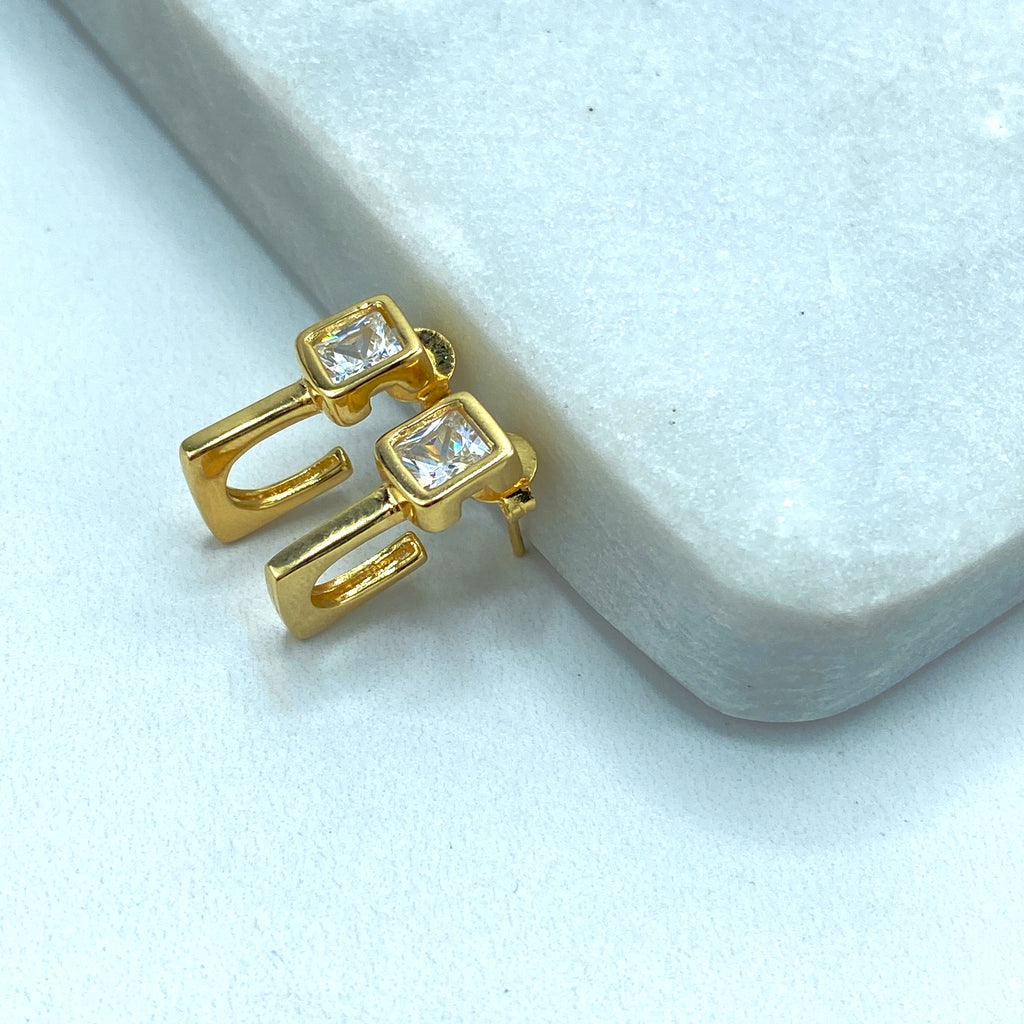 18k Gold Filled Clear Square Cubic Zirconia J Shape Stud Earrings, Modern Earrings