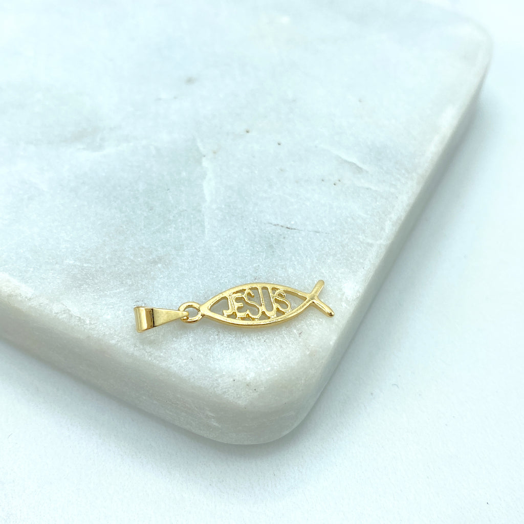 18k Gold Filled Cutout Jesus name inside Fish Shape Charm, Religious Jewelry