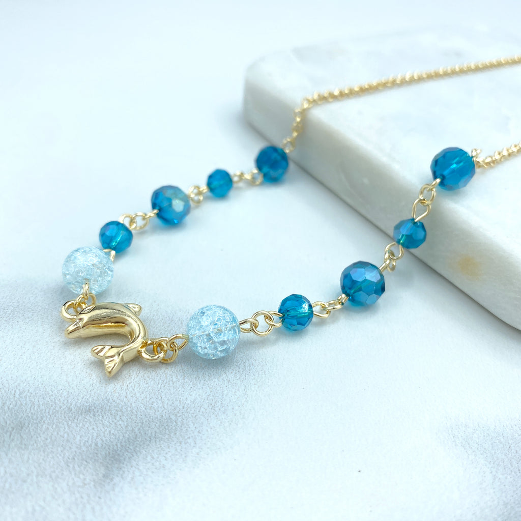 18k Gold Filled Crystal Beads Sapphire Color & Dolphin Charms Necklace or Earrings SET
