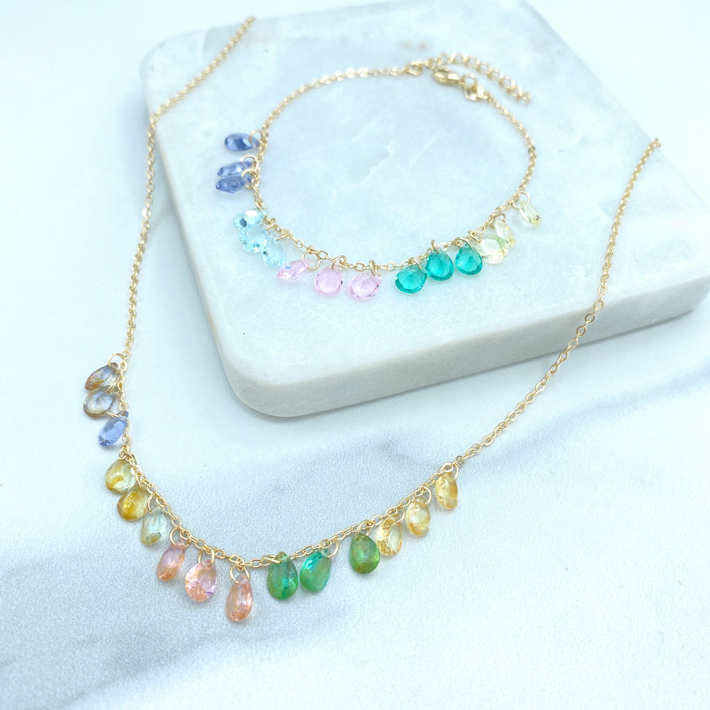 18k Gold Filled Multi Pastel Colored Teardrop & Dangle Crystal Necklace or Bracelet SET