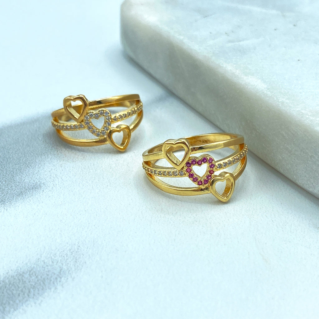 18k Gold Filled Clear or Pink Micro Pave Cubic Zirconia and Cutout Hearts Simulated Stackable Ring