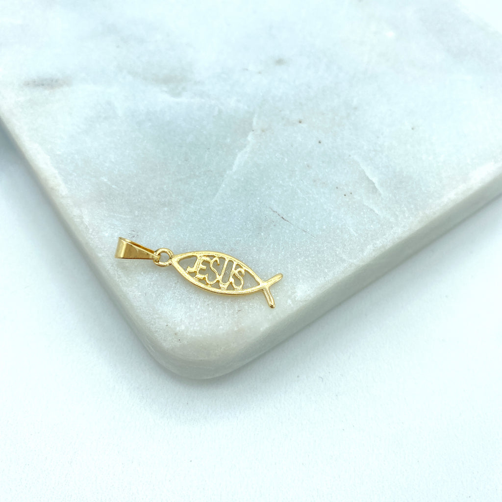 18k Gold Filled Cutout Jesus name inside Fish Shape Charm, Religious Jewelry