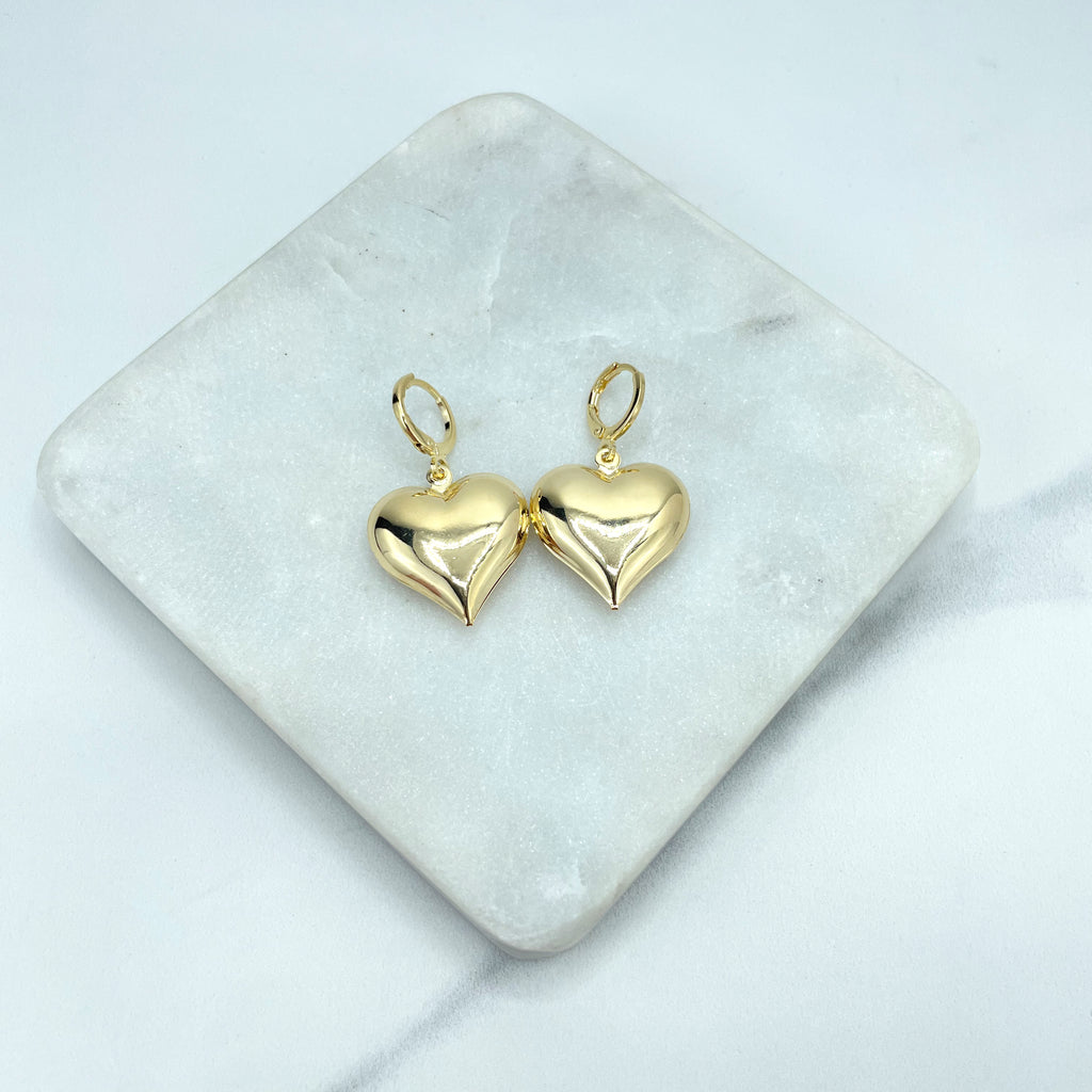 18k Gold Filled Drop Puffed Heart Huggie Earrings, Large or Small Size
