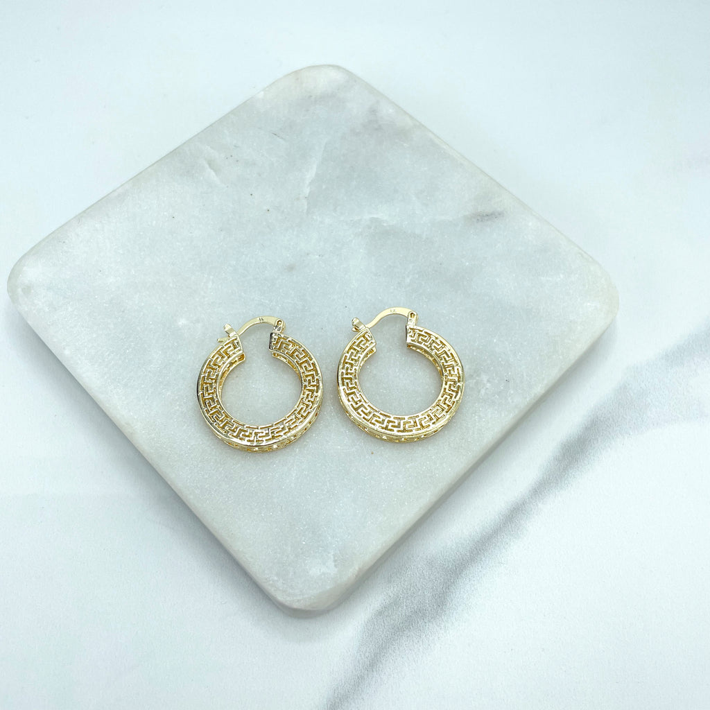 18k Gold Filled Textured Greek Key Hoops Shape Earrings, Cutout Greek Key Hoop