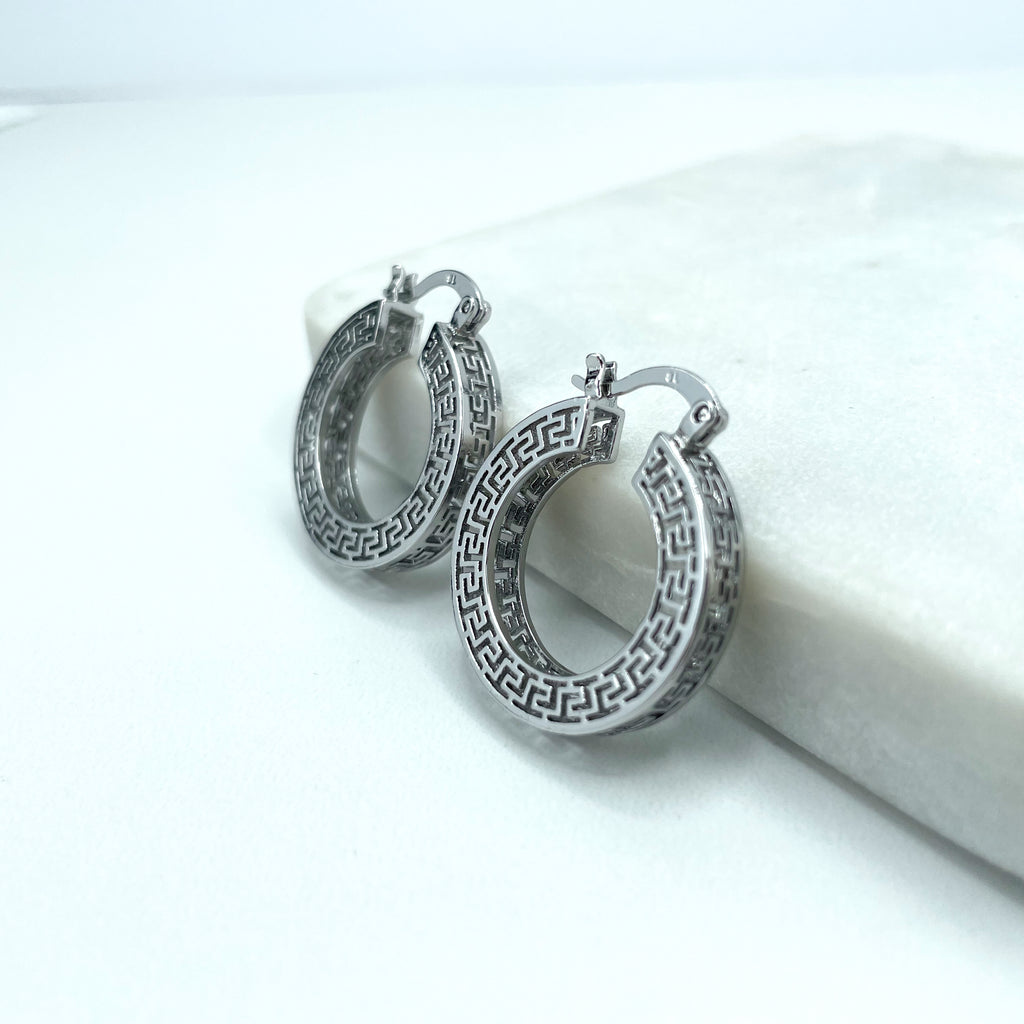 Silver Filled Textured Greek Key Hoops Shape Earrings, Cutout Greek Key Hoop