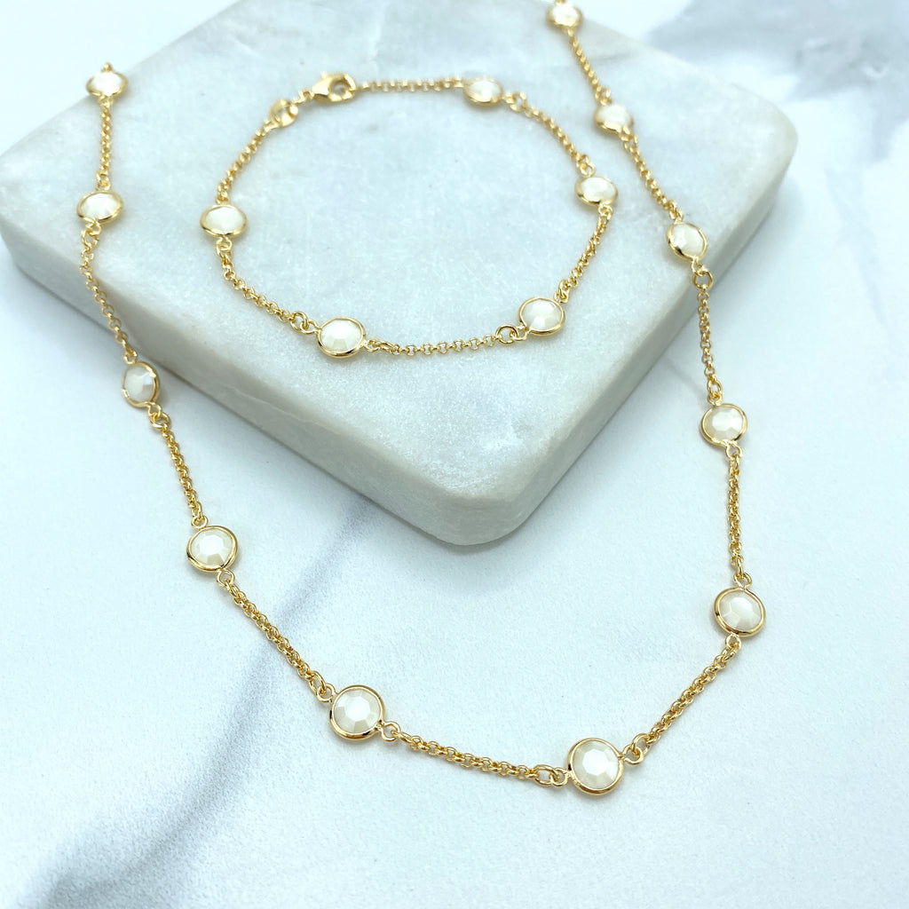 18k Gold Filled White Bead Crystal Linked 17.5" Chain or 7.5" Bracelet Set, White Beaded Chain
