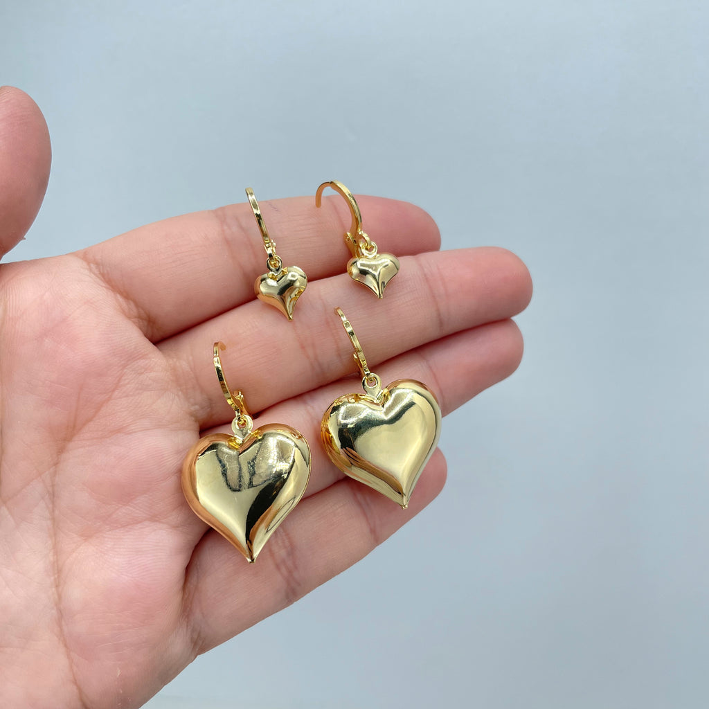 18k Gold Filled Drop Puffed Heart Huggie Earrings, Large or Small Size