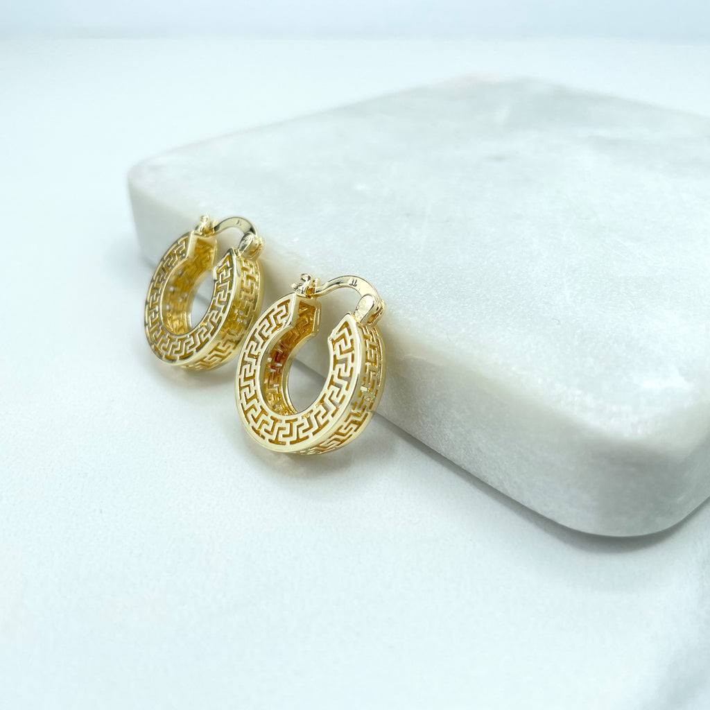 18k Gold Filled Textured Greek Key Hoops Shape Earrings, Cutout Greek Key Hoop