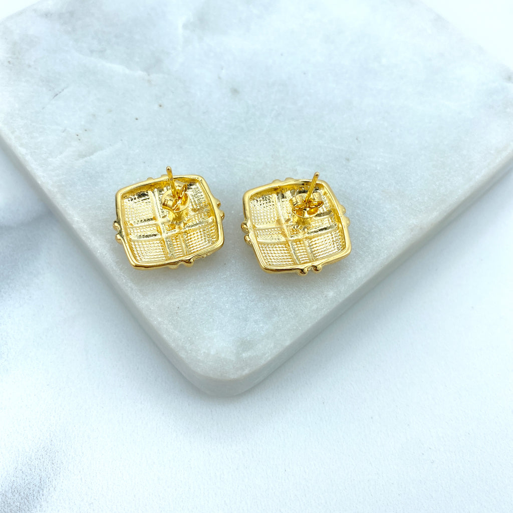 18k Gold Filled Square Textured Stud Earrings with Braided Detail, Push Back Closure