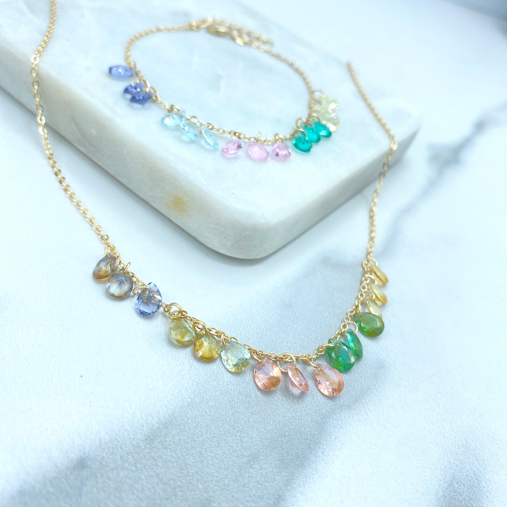 18k Gold Filled Multi Pastel Colored Teardrop & Dangle Crystal Necklace or Bracelet SET