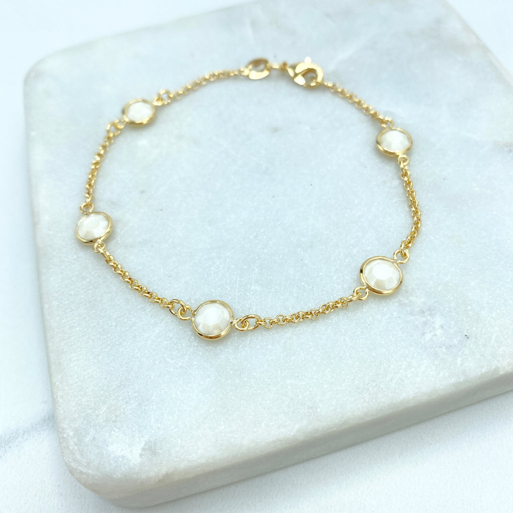 18k Gold Filled White Bead Crystal Linked 17.5" Chain or 7.5" Bracelet Set, White Beaded Chain