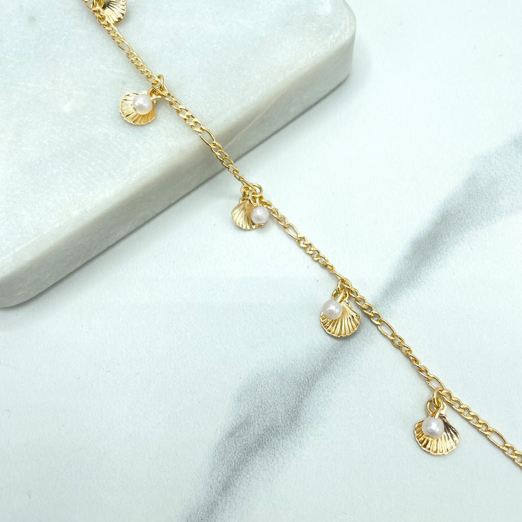 18k Gold Filled 2mm Figaro Chain,with Shells and Simulated Pearls Charms Necklace