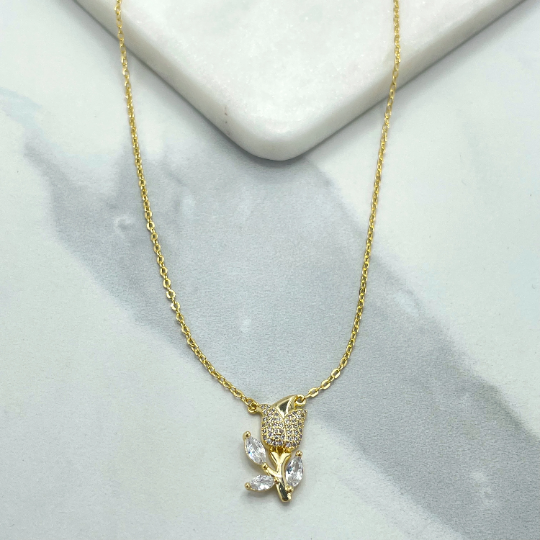 18k Gold Filled Clear Micro CZ Tulip Flower Charm Necklace ,Wholesale