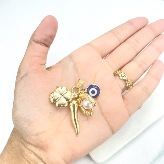 Gold Clover Bracelet, Blue Evil Eye Bead, Lucky Clover Charm, Good Luck