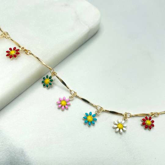18k Gold Filled Colored Colorful Enamel Dangle Flowers Charms Linked Chain Necklace