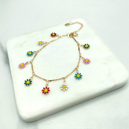 18k Gold Filled Colored Colorful Enamel Dangle Flowers Charms Linked Chain Necklace
