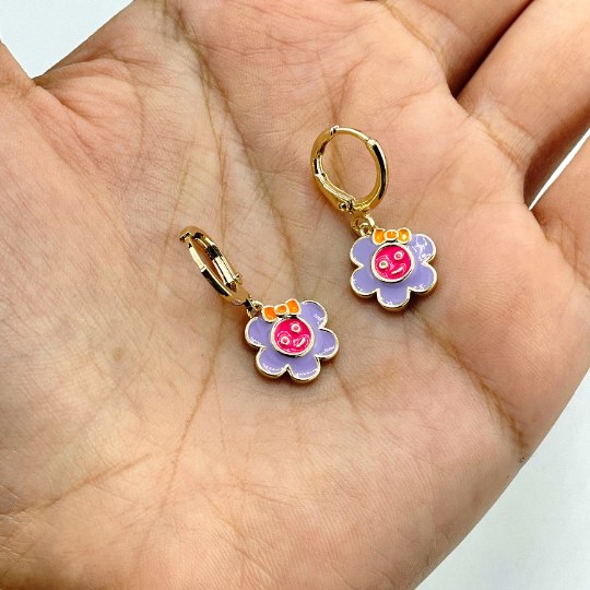 18k Gold Filled Dangle Enamel Colored Happy Face Flower with Bow Charms Huggie Earrings