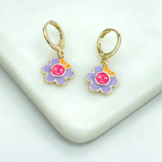 18k Gold Filled Dangle Enamel Colored Happy Face Flower with Bow Charms Huggie Earrings