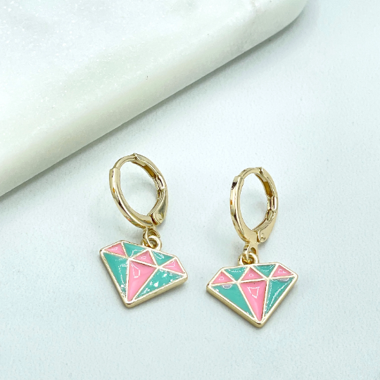 18k Gold Filled Colored Colorful Enamel Dangle Charms Huggie Earrings with Diamond Shape or Shell Shape Charms