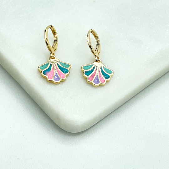 18k Gold Filled Colored Colorful Enamel Dangle Charms Huggie Earrings with Diamond Shape or Shell Shape Charms