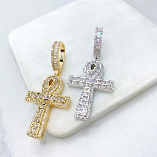 18k Gold Filled or Silver Filled Micro Cubic Zirconia Baguette Ankh Cross Shape Pendant Only, with Large Bail