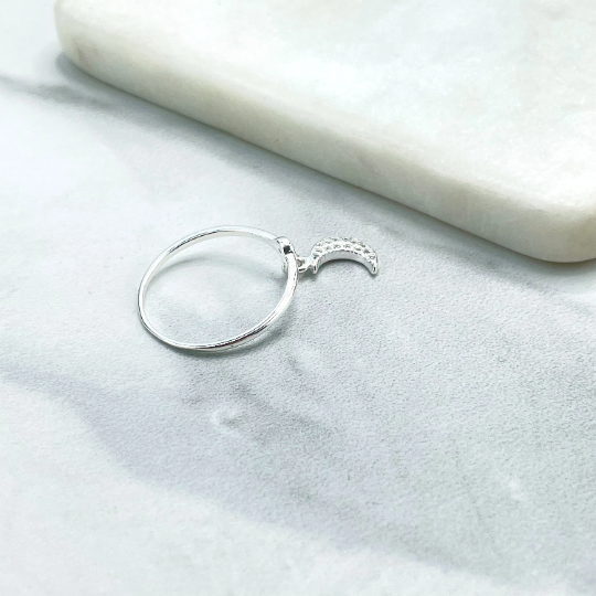 925 Sterling Silver Clear Micro Cubic Zirconia Dangle Half Moon Charm Ring  Stamped 925, Wholesale Jewelry Making Supplies