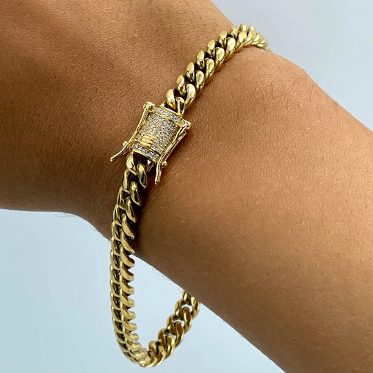 14k Gold Filled Miami Cuban Link 6mm Bracelet Double Safety Lock Box Clasp In Micro Pave CZ