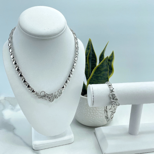 I LOVE YOU Hugs & Kisses Necklace & Bracelet Set - Stainless Steel, 18 Inch, Silver Tone