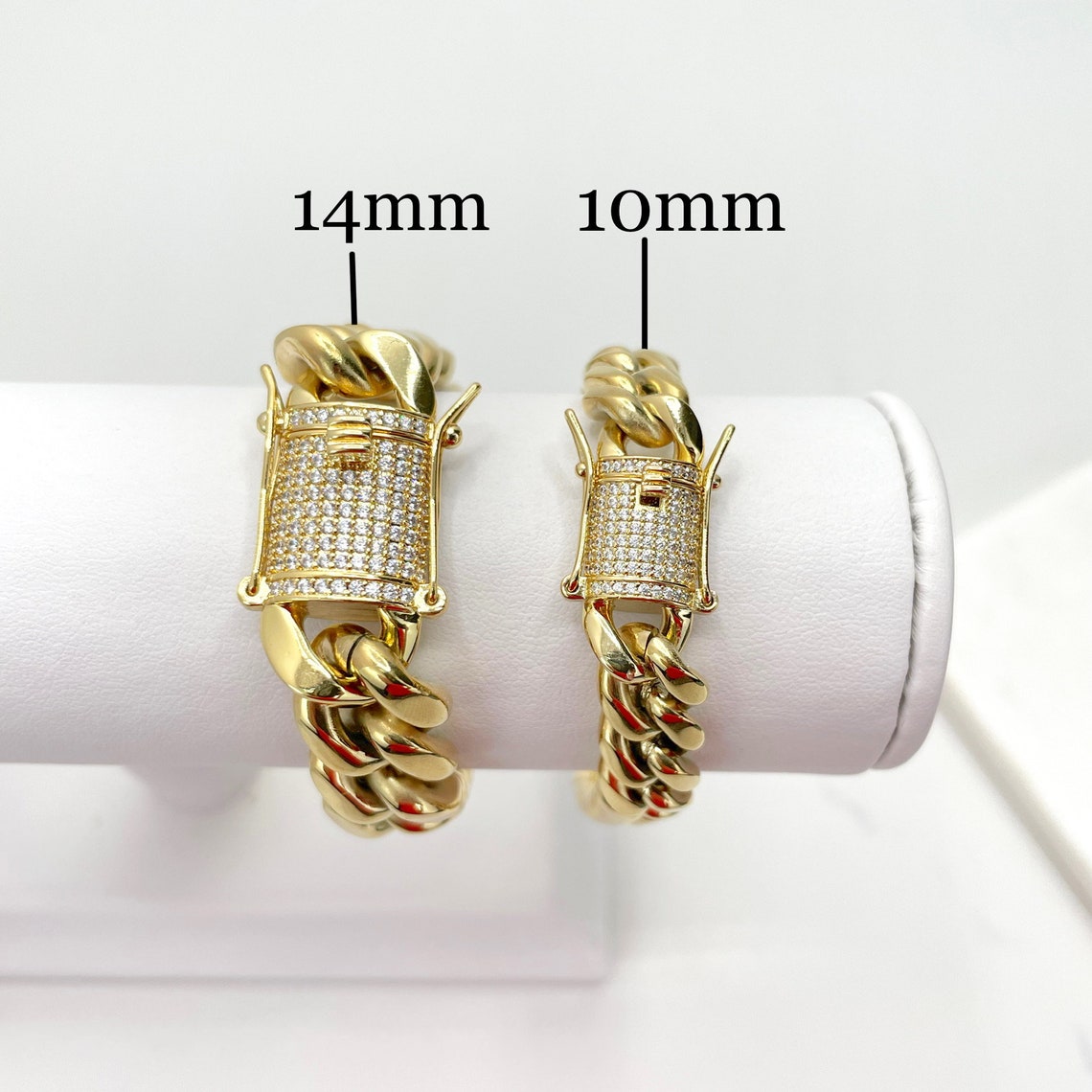 14k Gold Filled Cuban Link Chain Cubic Zirconia Bracelets 10mm, 12mm or 14mm