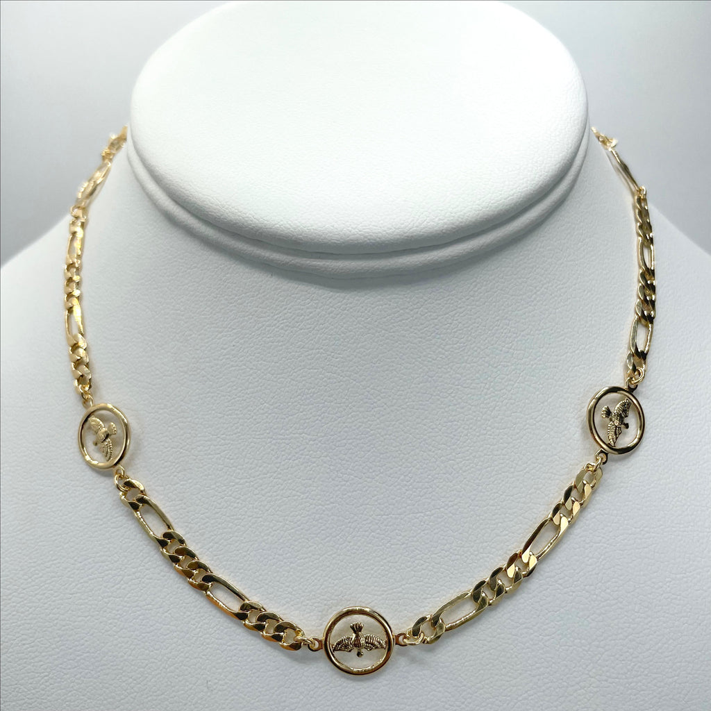 18k Gold Filled 4mm Figaro Chain Circle Dove Necklace