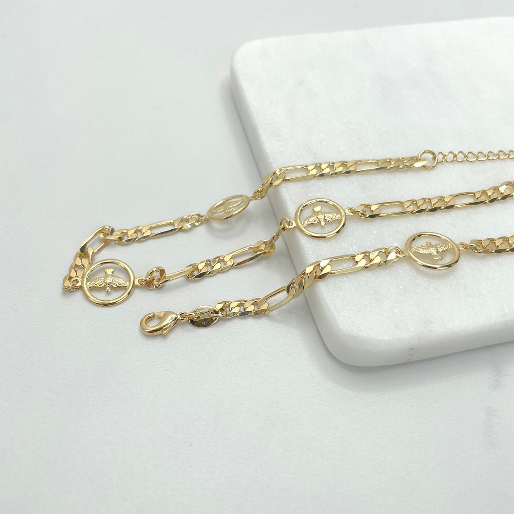 18k Gold Filled 4mm Figaro Chain Circle Dove Necklace