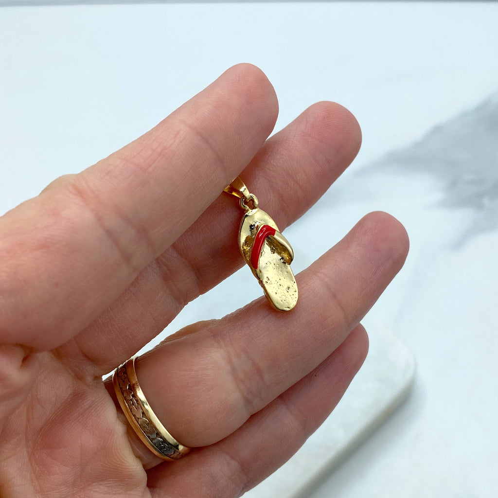 18k Gold Filled 3d Flip Flops Charm with Red Enamel, Summer Charm, Petite Red Sandal Pendant