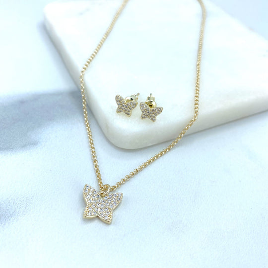 18k Gold Filled Necklace CZ Butterfly Design Charms & Stud Earrings Set