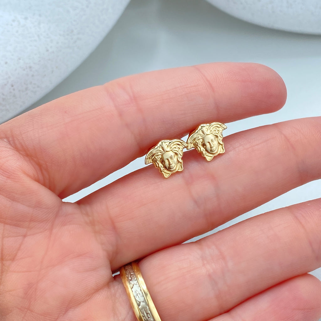 14k Solid Gold Woman Face Shape Stud Earrings, 14k Solid Gold Medusa Head Stud