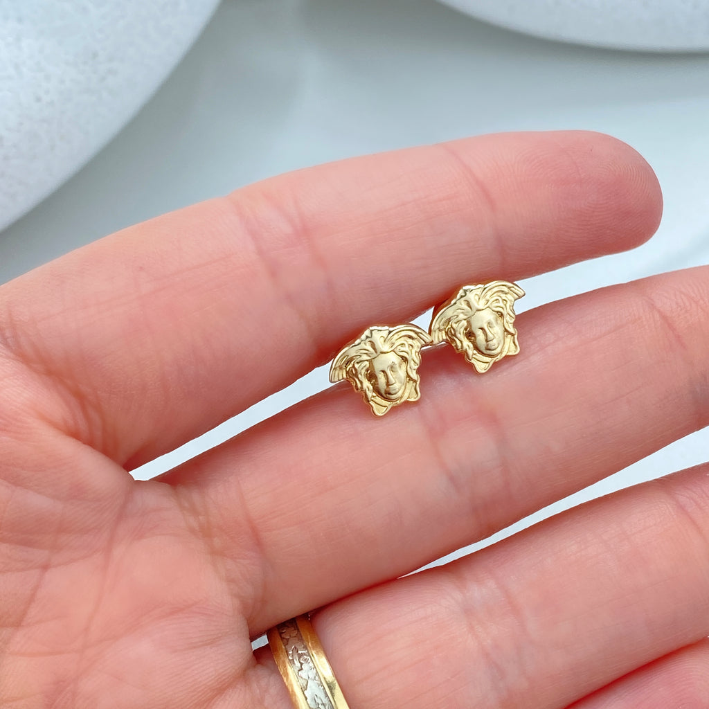 14k Solid Gold Woman Face Shape Stud Earrings, 14k Solid Gold Medusa Head Stud