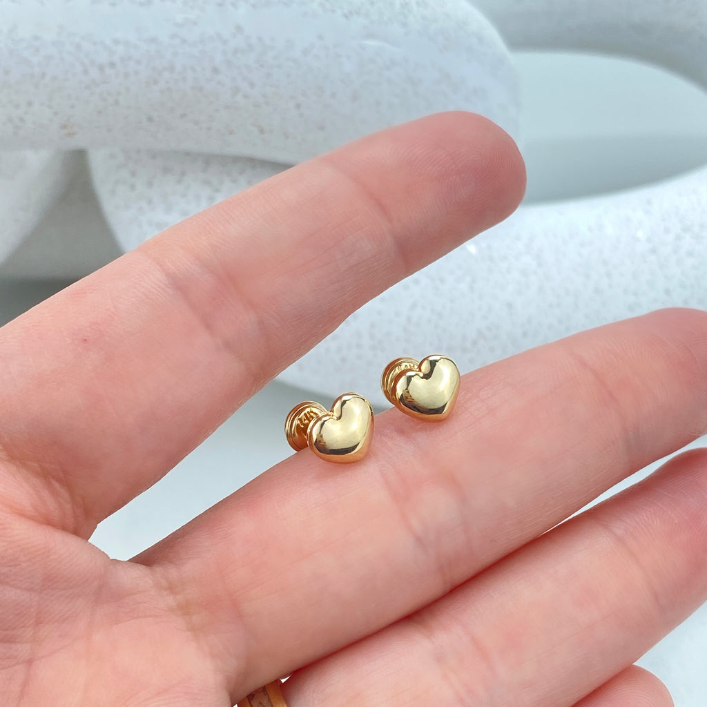 14k Solid Gold Heart Stud Earrings, 14k Solid Yellow Gold Puffed Polished Stud Earrings