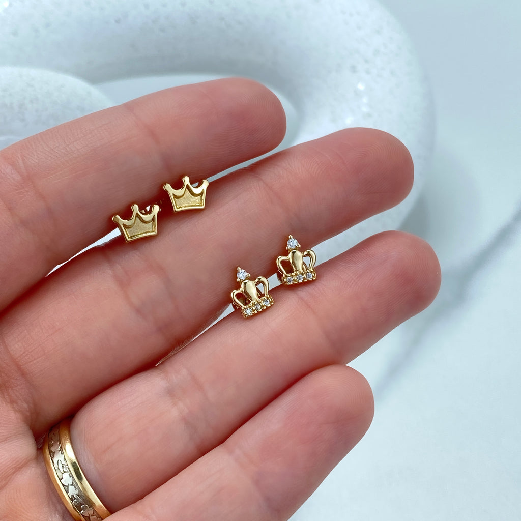 14k Solid Gold Crown Stud Earrings, Gold Crown or featuring Cubic Zirconia Crown