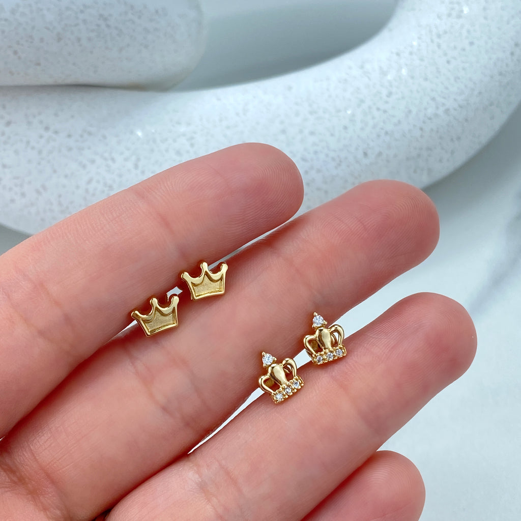 14k Solid Gold Crown Stud Earrings, Gold Crown or featuring Cubic Zirconia Crown