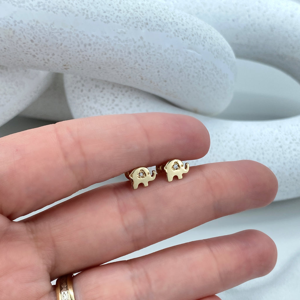 14k Solid Gold Elephant Stud Earrings, 14k Solid Yellow Gold Elephant Stud featuring CZ