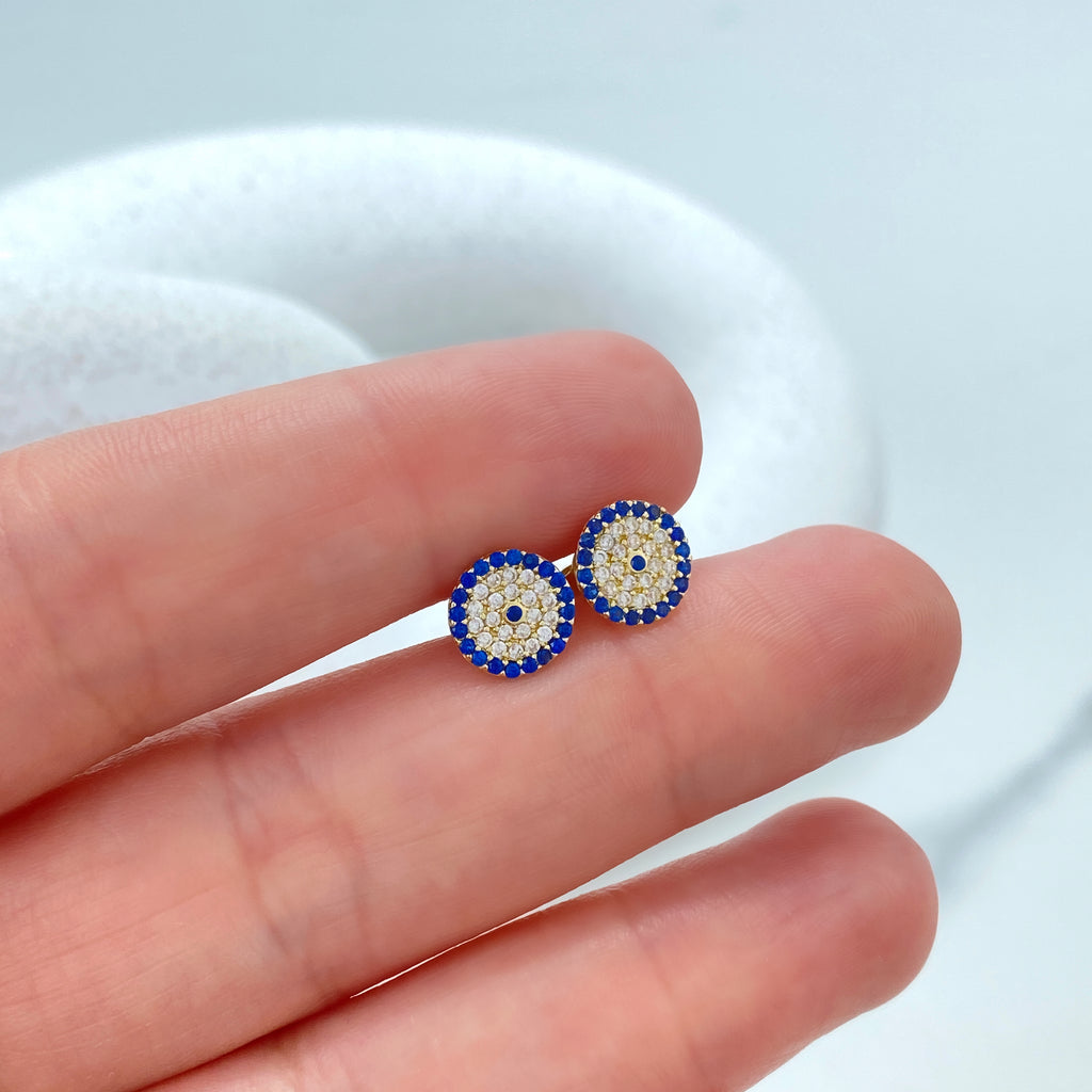 14k Solid Gold Evil Eye Micro CZ Stud Earrings, 14k Solid Yellow Gold CZ Stud Earrings