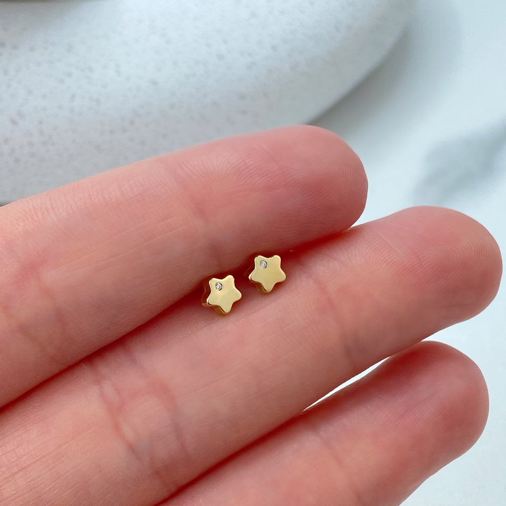 14k Solid Gold Polished Heart Stud Earrings or Star with CZ Stud Earrings, 14k Solid Yellow Gold CZ Stud Earrings