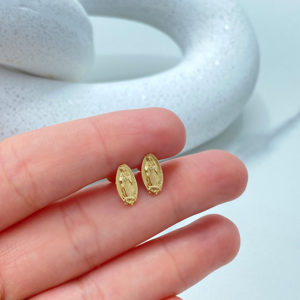 14k Solid Gold Our Lady Of Guadalupe Shape Stud Earrings, 14k Solid Yellow Gold Virgen de Guadalupe Stud Earrings