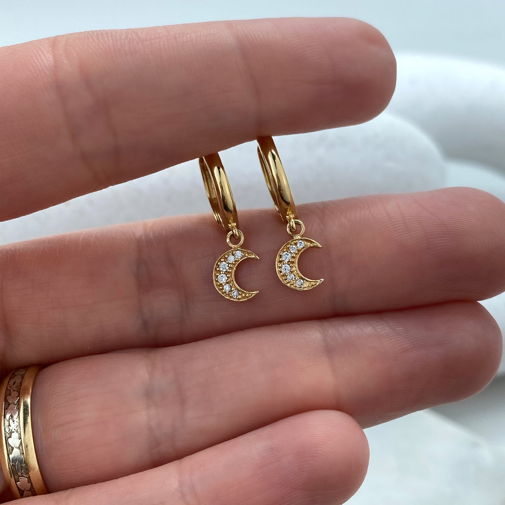 14k Solid Gold Huggie Earrings with Dangle Half Moon Charm featuring CZ, 14k Solid Yellow Gold CZ Moon Huggie Earrings