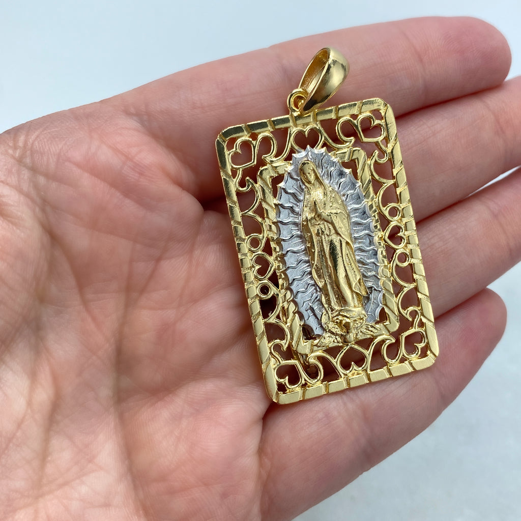 18k Gold Filled Two Tone Virgen De Guadalupe, Our Lady of Guadalupe Square Medal Pendant Charms